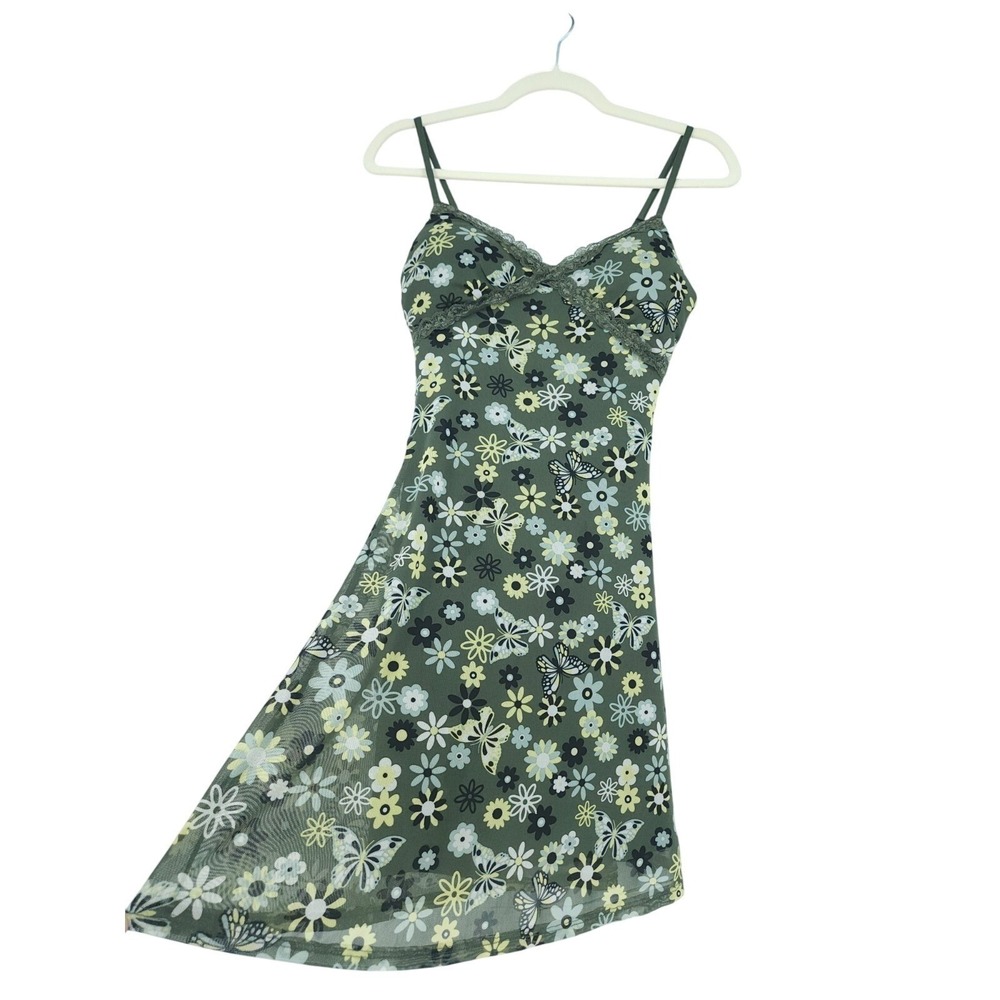 Womens Y2K Green Butterfly Babydoll Fairy Grunge Slip Dress Whimsigoth Floral XS